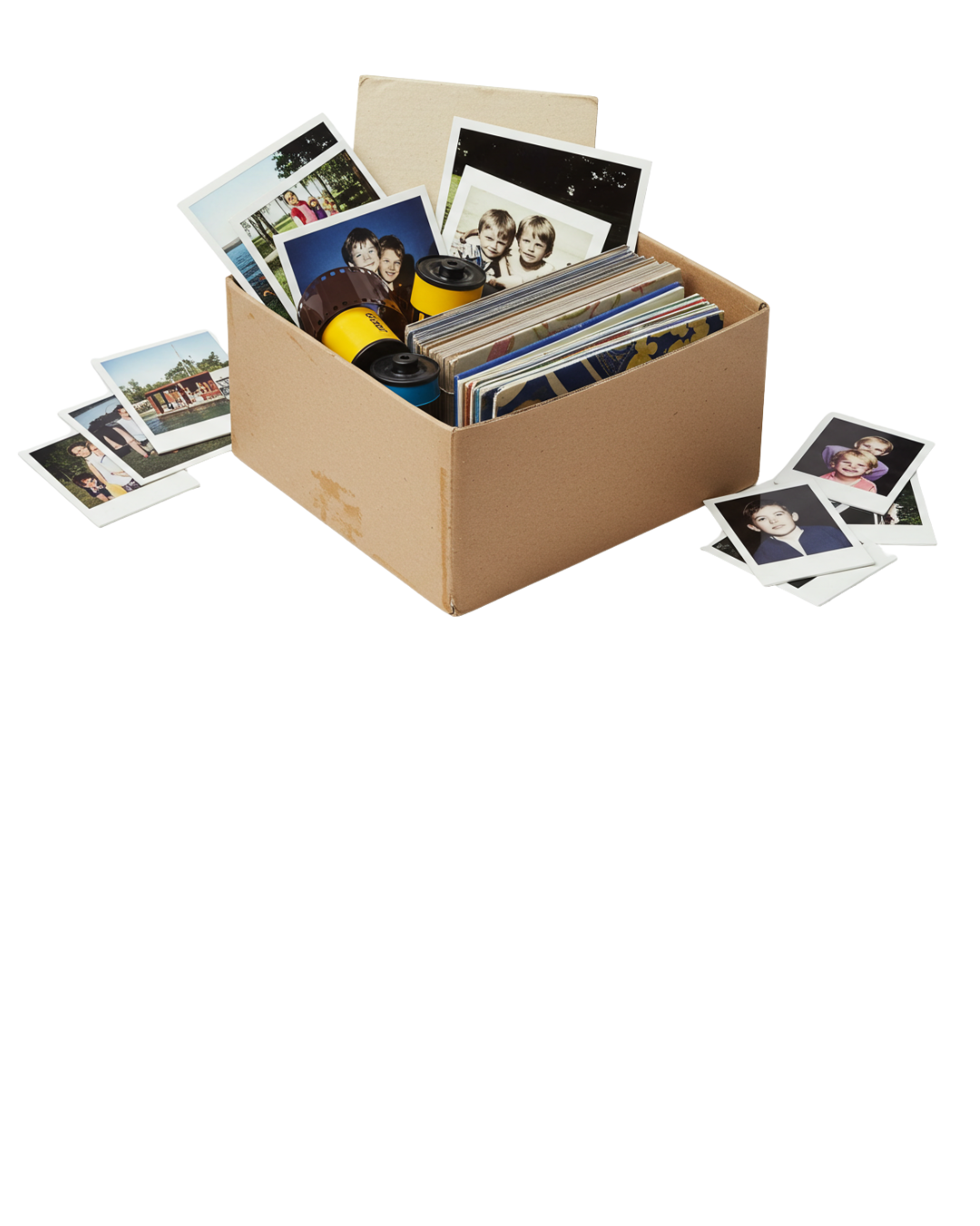 Caja de archivo con fotografías, álbumes y rollos de película