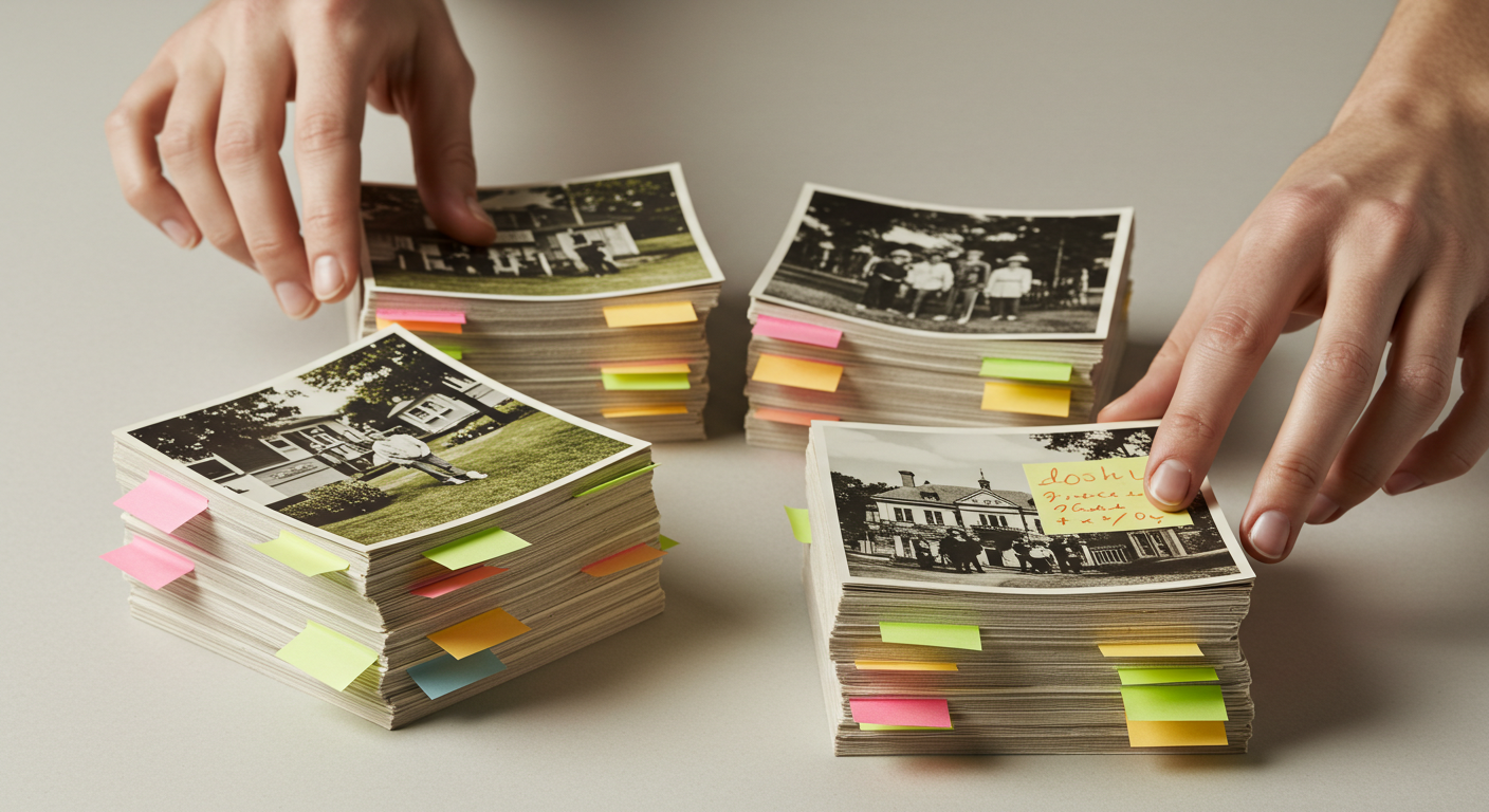Manos organizando por grupos varias pilas de fotografías familiares