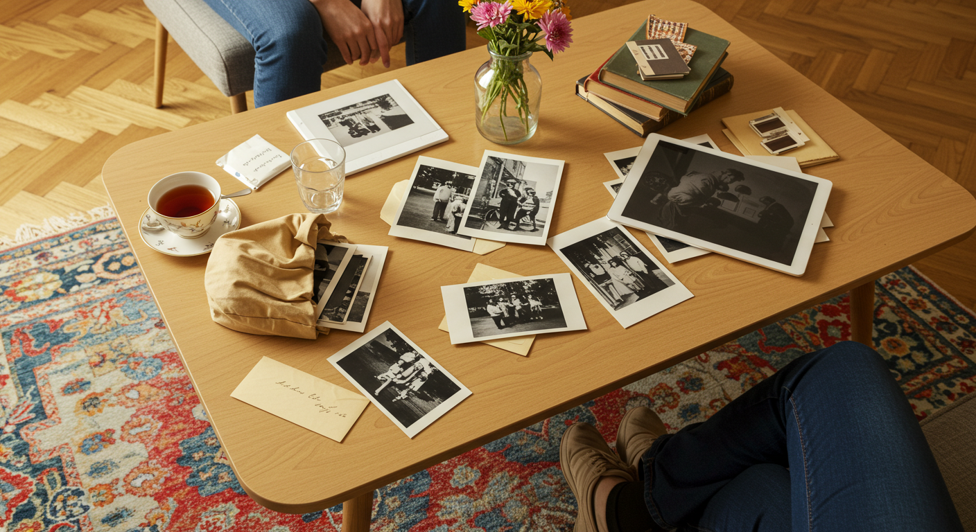 Fotografías familiares impresas junto a una tableta que muestra un retrato
